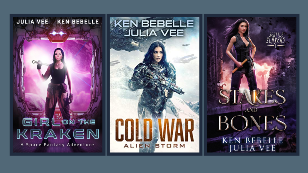 The covers of Girl on the Kraken, Cold War: Alien Storm, and Stake and Bones; 3 other books by Ken Bebelle and Julia Vee